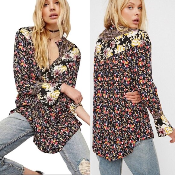 Free People Tops - Free People Wildflower Fields Henley Top Tunic Blouse M $108 Black Ditsy Floral